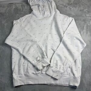 NIKE Mens M White Gray Mini Swoosh All Over Print Fleece Pullover Hoodie CJ5405